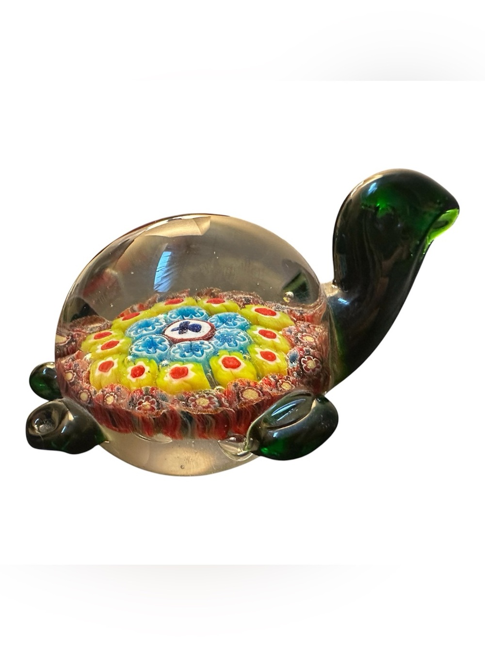 Art Glass Turtle Paperweight with Colorful Millefiori Center - Green